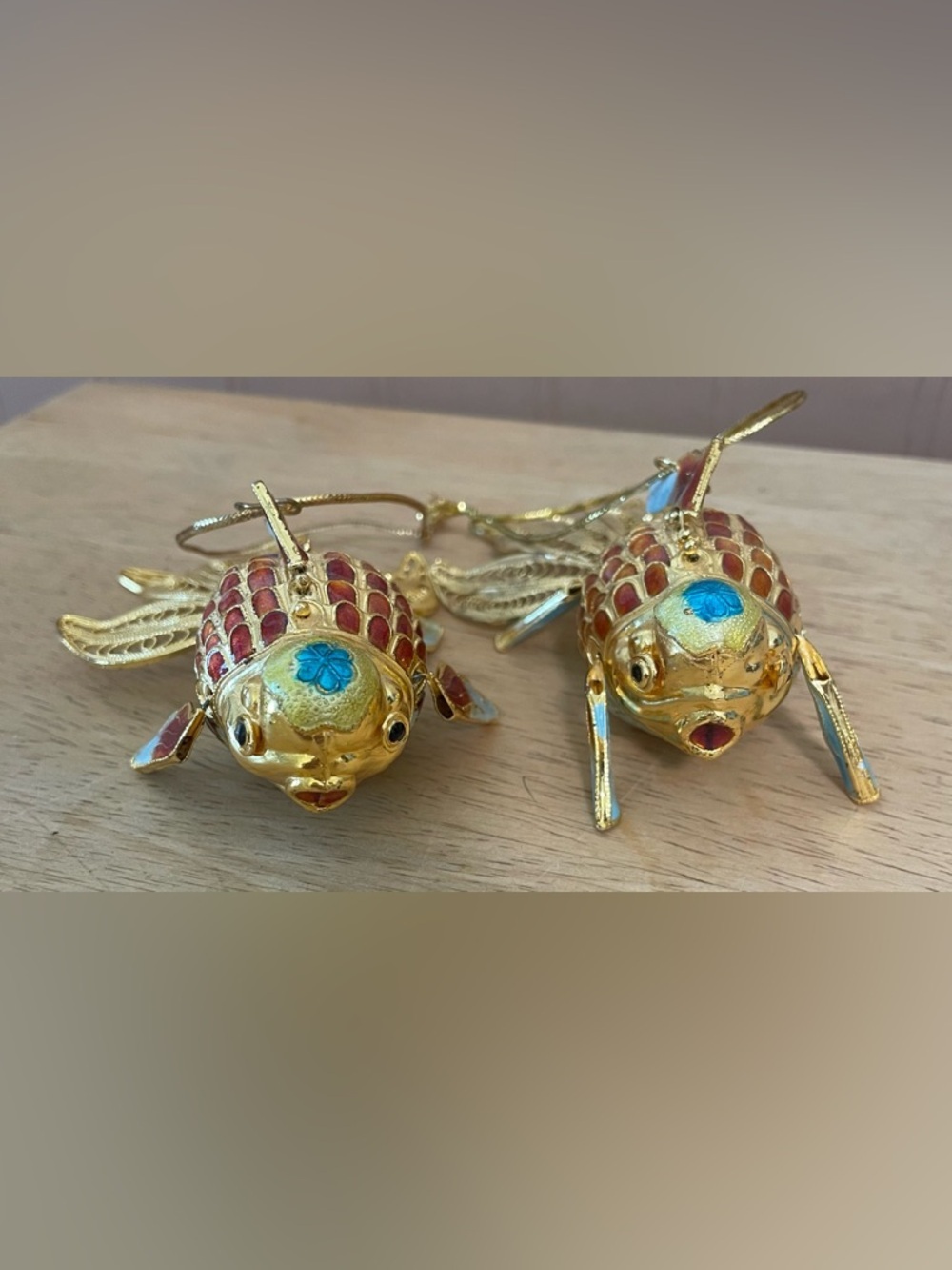 Vintage Chinese Enamel Pair of Koi Fish Gold Large Fan Tail Ornament Handmade